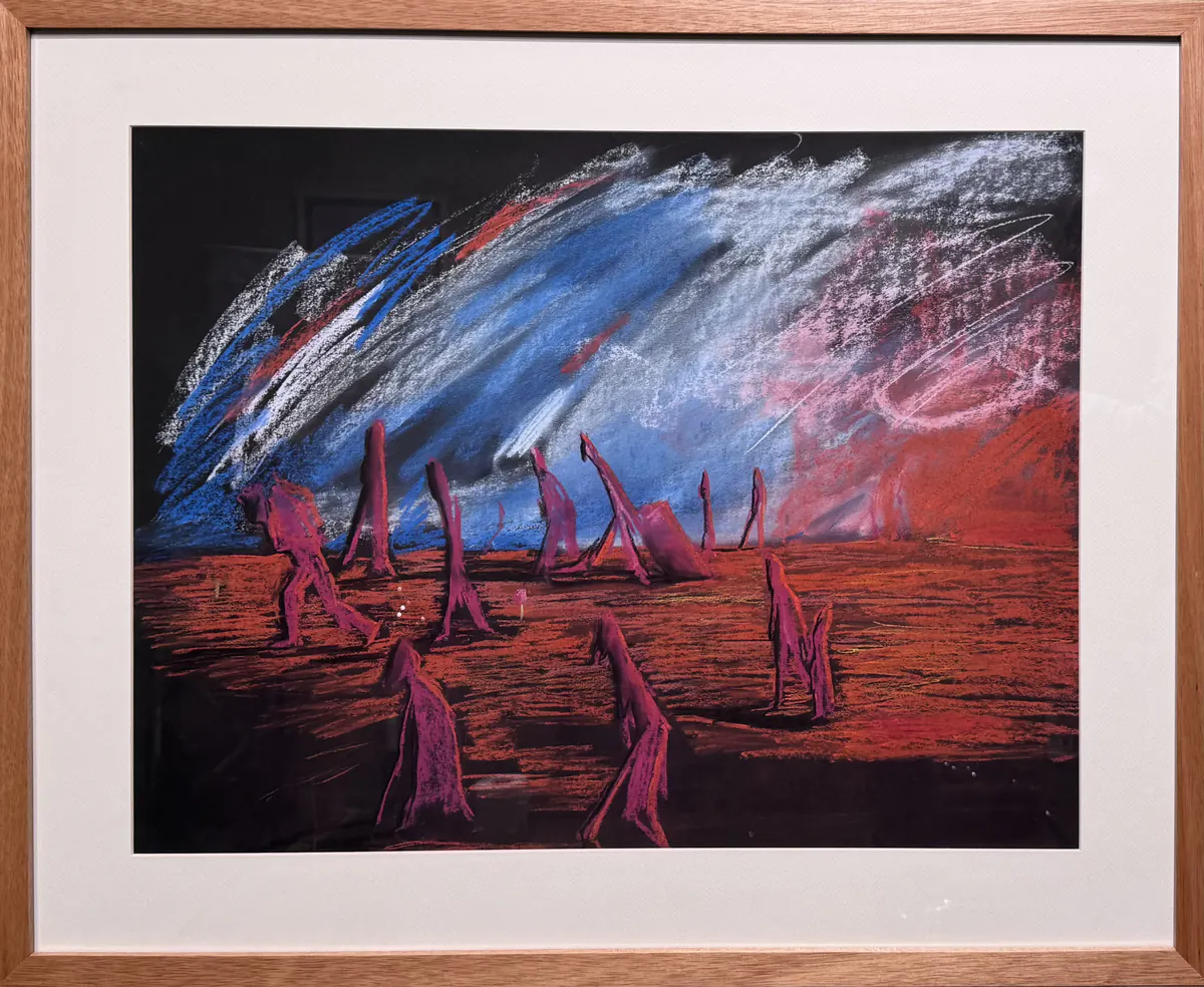 Migración Forzada, obra original de Marina Parra; Carbón y pastel sobre papel · 82 x 67 x 2 cm · 2025, Anomalía Arte CDMX